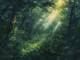 A dense forest landscape with a sunbeam cutting through the canopy, illuminating the rich green undergrowth