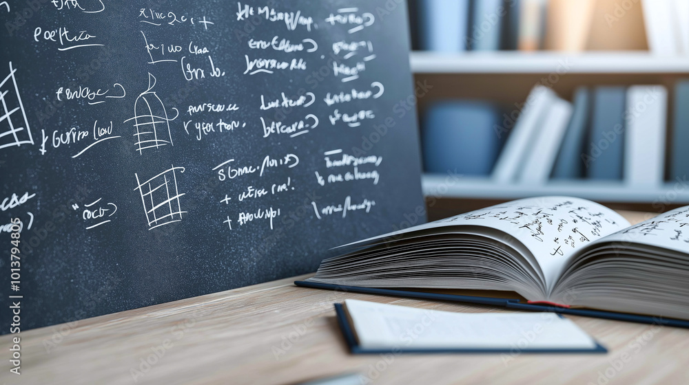 Poster classroom chalkboard filled with complex equations and notes, alongside open book and notebook, crea