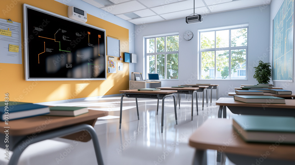 Poster modern classroom featuring smartboard technology, desks with books, and large windows allowing natur