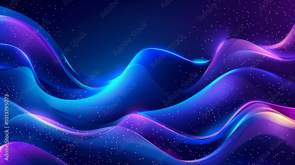 Poster abstract futuristic banner with glowing blue and purple liquid wavy shapes, creating a retro-inspire