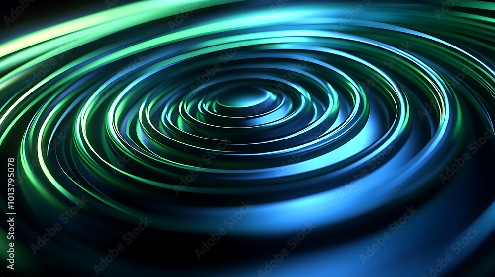 Poster A vibrant abstract design featuring circular patterns and gradients of blue and green, resembling ripples or waves.