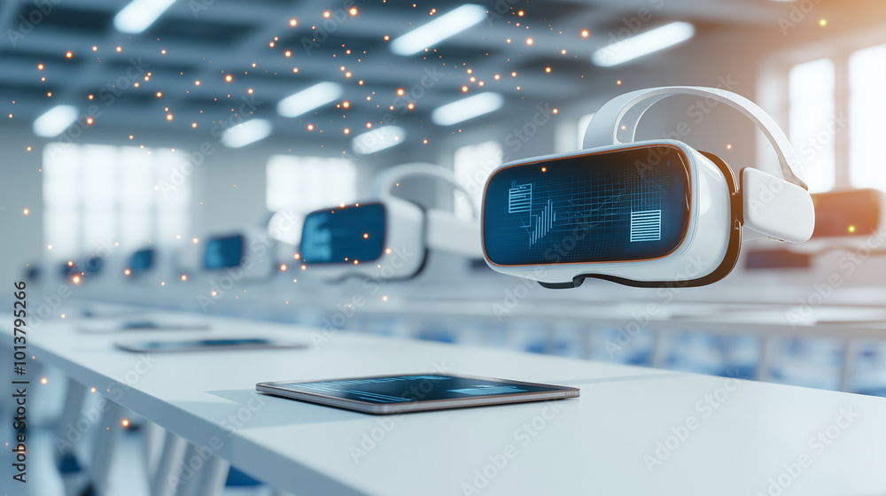 Poster modern classroom featuring advanced technology with virtual reality headsets and tablets on desks, c