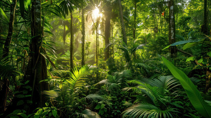 Fototapeta premium A dense rainforest with lush vegetation, tall trees, and sunlight streaming through the thick canopy