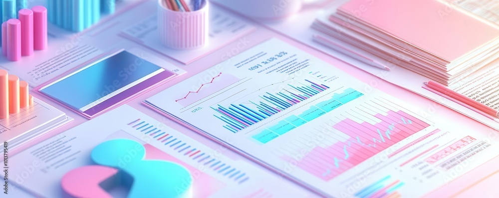 Poster colorful data visualization elements on a modern workspace, featuring charts, graphs, and documents 