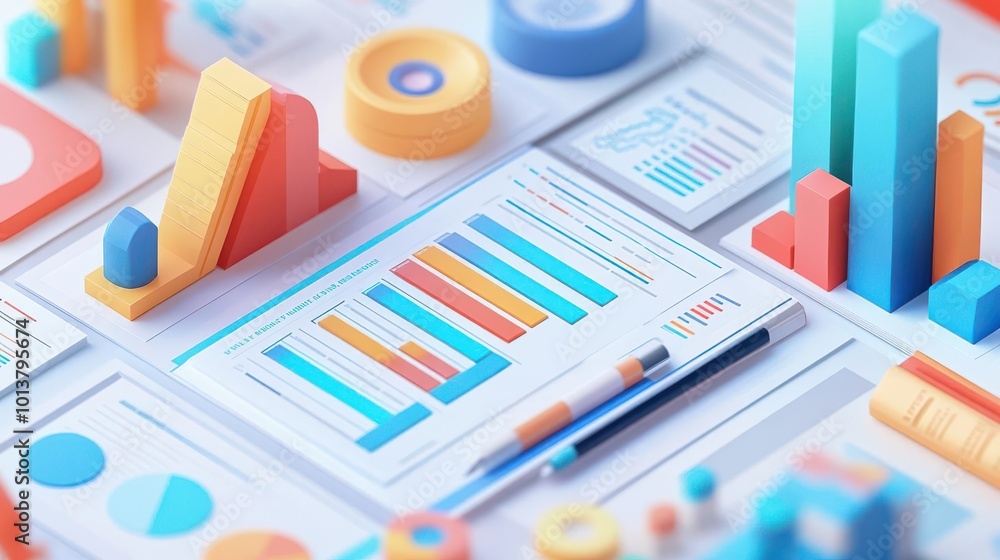 Poster colorful data visualization elements showcase graphs, charts, and reports, enhancing analytical pres