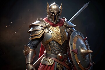 knight in armor and helmet with shield and sword stands on a rock