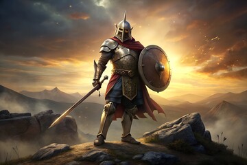 Naklejka premium knight in armor and helmet with shield and sword stands on a rock