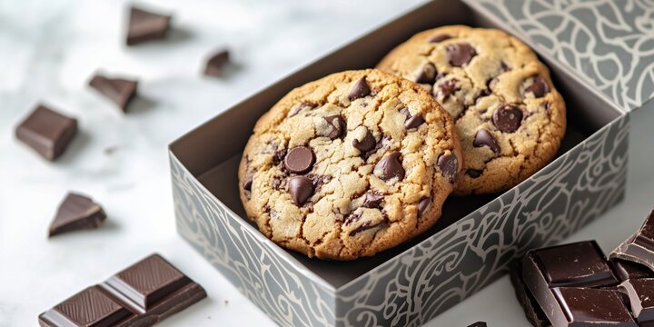 Two freshly baked chocolate chip cookies placed in a decorative box, surrounded by chunks of dark chocolate, perfect for dessert, bakery, and snack imagery.