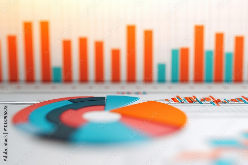 Poster colorful data visualization featuring pie chart and bar graphs, representing informative statistics 