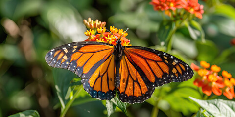 Obraz premium An orange and black monarch butterfly fluttering from one flower to another in a lush garden, its intricate wings catching the sunlight.