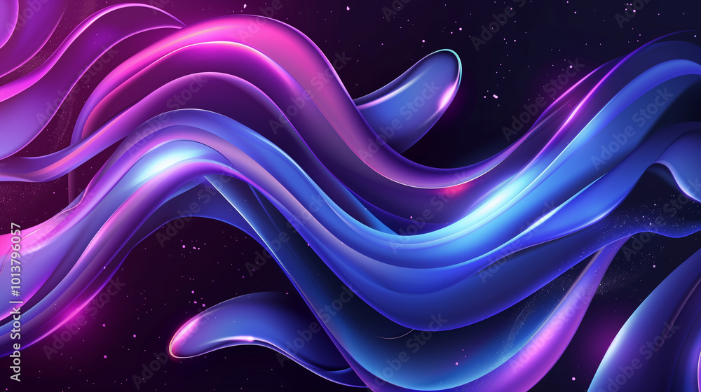Poster abstract futuristic banner with glowing blue and purple liquid wavy shapes, creating a retro-inspire