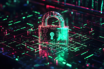 A digital padlock icon prominently displays on a computer screen, surrounded by animated binary code, illustrating the importance of data encryption and cybersecurity