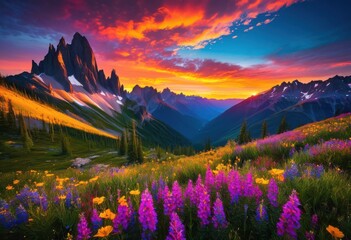 Obraz premium vibrant sunrise illuminates untouched majestic mountainscape rich colors glowing skies, terrain, illuminated, nature, landscape, scenery, horizon, view, dawn