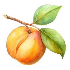 Watercolor hand drawn  Apricot with leaves stems on white background