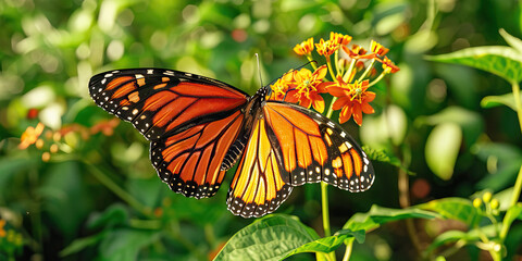 Fototapeta premium An orange and black monarch butterfly fluttering from one flower to another in a lush garden, its intricate wings catching the sunlight.