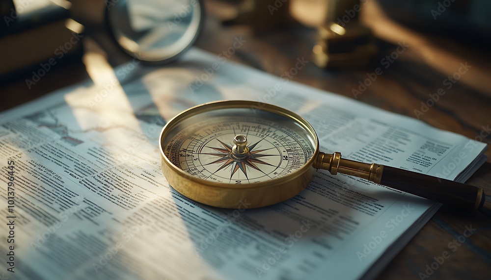 Aufkleber a vintage magnifying glass and compass rest on an open newspaper, creating a nostalgic atmosphere of