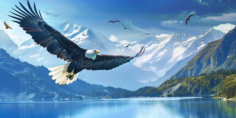 A majestic bald eagle soaring high above a crystal-clear mountain lake, its white head and tail contrasting against the blue sky.