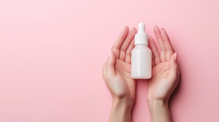 White Serum Bottle Held in Hands on a Pink Background. AI Generated