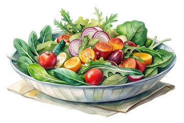 Watercolor hand drawn Fresh vegetable salad on a white background