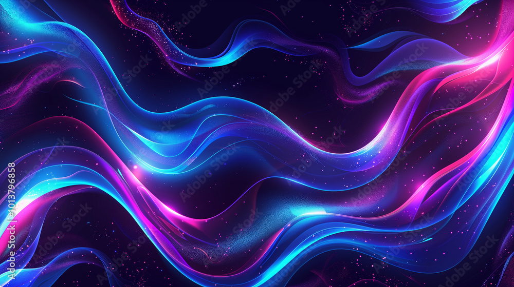 Poster abstract futuristic banner with glowing blue and purple liquid wavy shapes, creating a retro-inspire