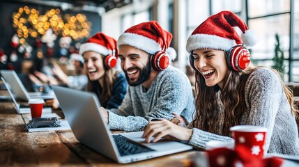 Young professionals enjoying a virtual Christmas party on their laptops wearing holiday outfits and sharing laughter through video calls Large space for text in center Stock Photo with copy space