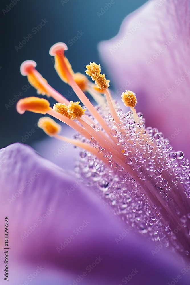 Poster Macro photo of pink flower with dew drops on petals and pollen. Nature, spring, floral, botany