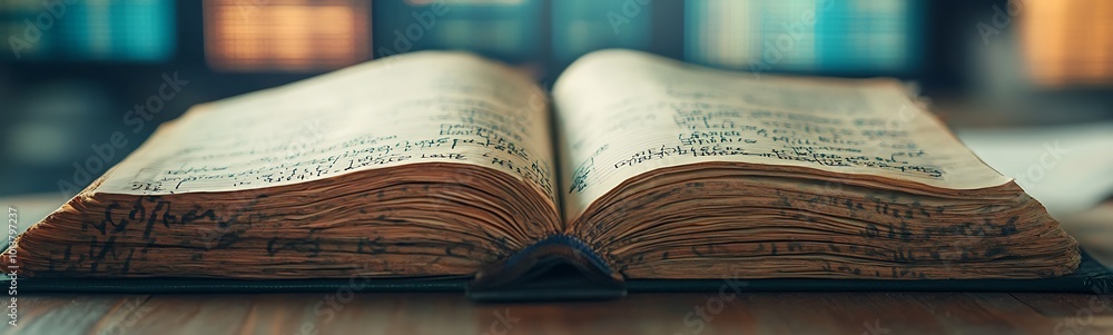 Poster a vintage open book with intricate pages sits on a wooden table, surrounded by a softly blurred back