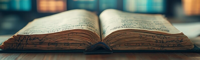 A vintage open book with intricate pages sits on a wooden table, surrounded by a softly blurred background of colorful lights.