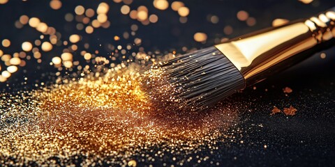 Fototapeta premium Photograph of gold glitter being thrown by a brush, creating a luxurious and shimmering scene for makeup