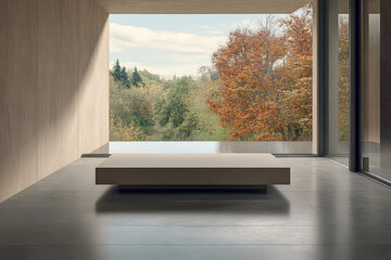 Fototapeta premium Modern interior with minimalist design overlooks tranquil autumn landscape through large window