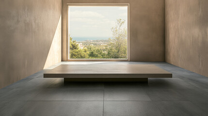 Fototapeta premium Modern minimalist interior with a large window overlooking a natural landscape in daylight