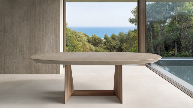 Modern oval dining table in minimalist indoor setting with scenic coastal view