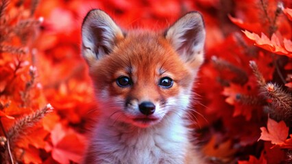 Fototapeta premium A cute red fox kit with blue eyes surrounded by red autumn leaves.