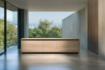 Fototapeta premium Modern interior design featuring a sleek wooden cabinet and a view of lush greenery