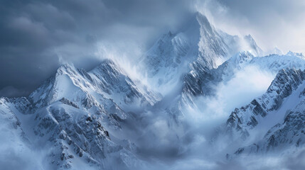 Obraz premium A dramatic view of snowy mountain cliffs, with clouds swirling around the peaks in a winter storm
