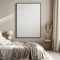 The image features a minimalistic bedroom with a neutral color scheme, focusing on simplicity and elegance with a large blank frame on the wall.