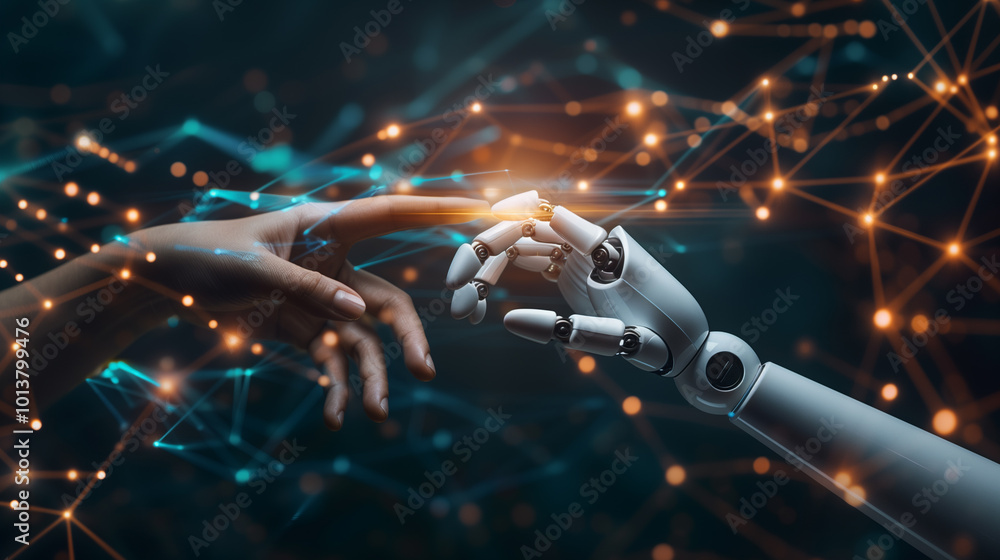 Poster robot and human hands reaching towards each other, symbolizing ai and machine learning, with a futur