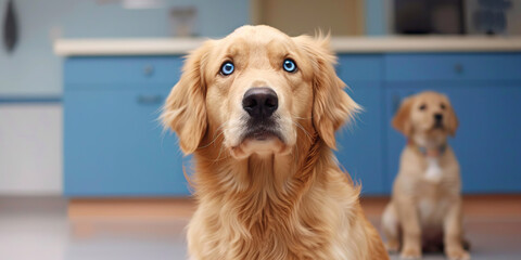 A golden retriever patiently waiting for its blue-eyed sibling to finish up at the veterinary clinic.