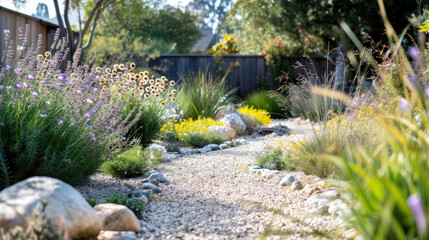 A drought-resistant landscape featuring native plants, efficient irrigation systems, and gravel pathways for water conservation