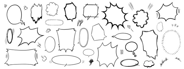 日本の漫画に描かれているような、手書きの吹き出しイラストのセット