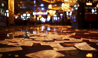 Scattered paper on a casino floor.