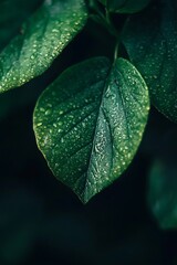 Fototapeta premium Close up of green leaves covered in dew drops, fresh and vibrant, nature, spring, plant