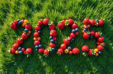 Number (numeral) 2025 represents the happy year 2025 in a minimalistic style, the numbers are 3D rendered with berries in a line. Top view. Figures green grass on a sunny day. Healthy eating concept