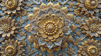 Obraz premium Intricate gold and silver floral pattern carved on a wall.