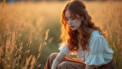 Obraz premium A contemplative woman in a wheat field during sunset