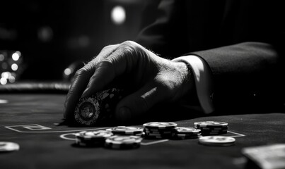 Hand placing poker chips on a table.