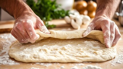 Hands kneading and stretching pizza dough on a floured surface, emphasizing the tactile nature of the preparation process