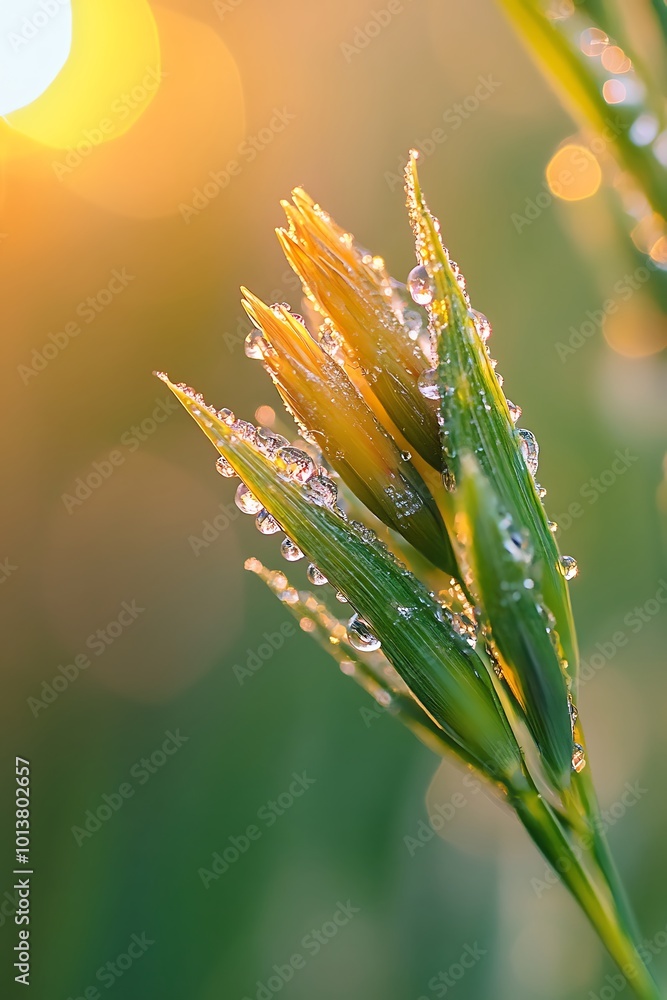 Wall mural Closeup of Dew Drops on a Flower Bud at Sunrise