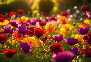 Fototapeta premium vibrant blooms colorful flowers lush green garden landscape bathed sunshine, petal, outdoor, bright, floral, growth, leaf, greenery, beauty, spring, vivid