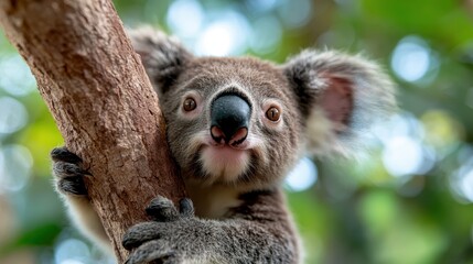 Obraz premium A cute koala clutching a tree branch surrounded by lush green foliage, showcasing the serene and natural beauty of wildlife in its natural habitat.